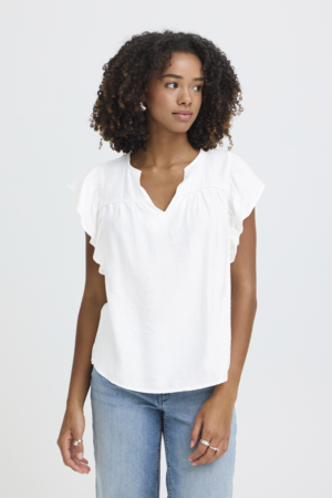 Witte blouse met ruffle-mouwen en V-hals – vooraanzicht
