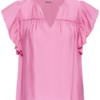 Roze blouse met ruffle-mouwen en V-hals – vooraanzicht