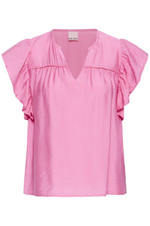 Roze blouse met ruffle-mouwen en V-hals – vooraanzicht