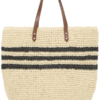 Gevlochten shopper tas natural met zwarte strepen en bruine handgrepen