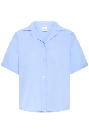 Lichtblauwe katoenen beach blouse met korte mouwen en open kraag – voorkant