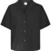 Zwarte katoenen beach blouse met korte mouwen en open kraag – voorkant
