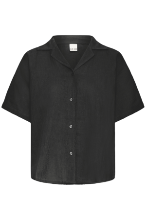 Zwarte katoenen beach blouse met korte mouwen en open kraag – voorkant