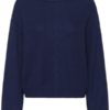 Oversize kabelgebreide damestrui in donkerblauw met ronde hals en cropped lengte.