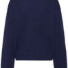 Oversize kabelgebreide damestrui in donkerblauw met ronde hals en cropped lengte.