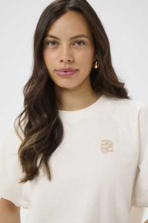 Wit boxy dames sweatshirt met korte mouwen, ronde hals en ribboord.