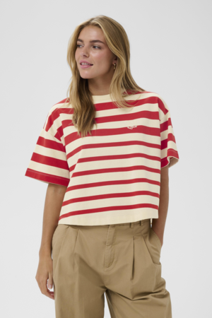 Gestreept dames T-shirt met korte mouwen en boxy pasvorm in een cropped model
