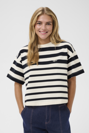 Gestreept dames T-shirt met korte mouwen en boxy pasvorm in een cropped model