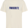 Wit dames T-shirt met blauwe ‘Favourite’ print, ronde hals en korte mouwen.