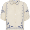 Beige Saint Tropez blouse met blauw borduursel.