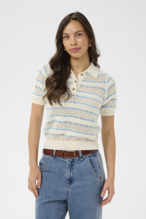 Gestreepte dames pullover met korte mouwen en polokraag in luchtig opengewerkt breisel.