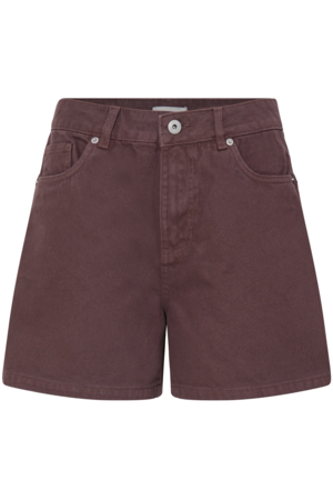 Bruine ICHI denim short met hoge taille en losse pasvorm. Voorkant.
