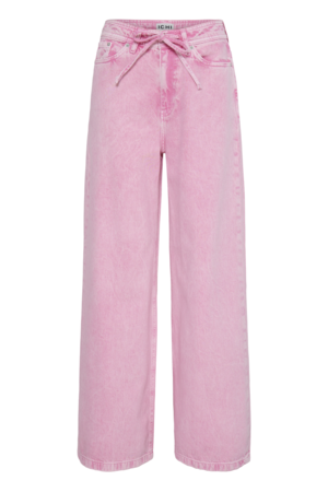 Roze ICHI wide leg jeans met hoge taille en strikdetail. Voorkant.