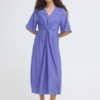 ICHI blauwe midi jurk dames V-hals taille detail zomerse jurk viscose