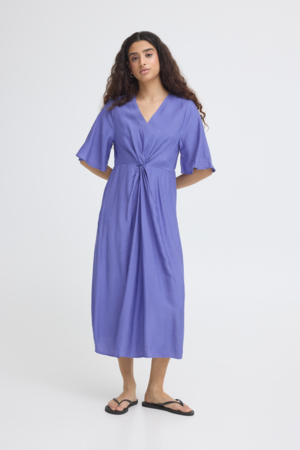 ICHI blauwe midi jurk dames V-hals taille detail zomerse jurk viscose