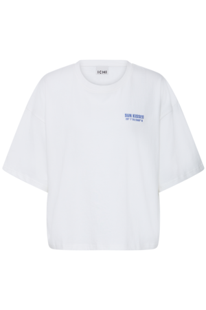 Wit oversized ICHI T-shirt van katoen met kleine Sun Kissed print op de borst en grote blauwe print op de achterkant.