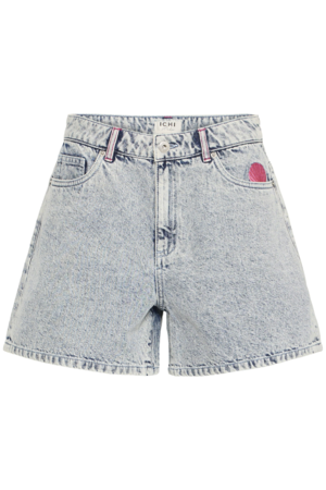 Lichtblauwe denim short van ICHI met hoge taille en kleurrijke zomerse borduursels op de achterzak