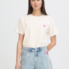 Gebroken-wit ICHI T-shirt van katoen met roze schelp op de borst en kleurrijke La Plage print op de achterkant.