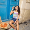 Denim ICHI short met elastische tailleband en trekkoord gedragen als casual zomerse co-ord set