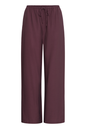 Wijnrode ICHI broek met elastische taille, strikceintuur en wijde rechte pijpen in soepelvallende viscosemix.