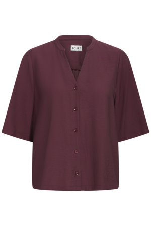 Wijnrode ICHI blouse met V-hals, knoopsluiting en korte wijde mouwen in een soepelvallende viscosemix.