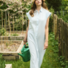 30515130_304847_600 Lichtblauwe gestreepte maxi shirtjurk van Saint Tropez met taillekoord, kapmouwen en losse pasvorm van katoen.