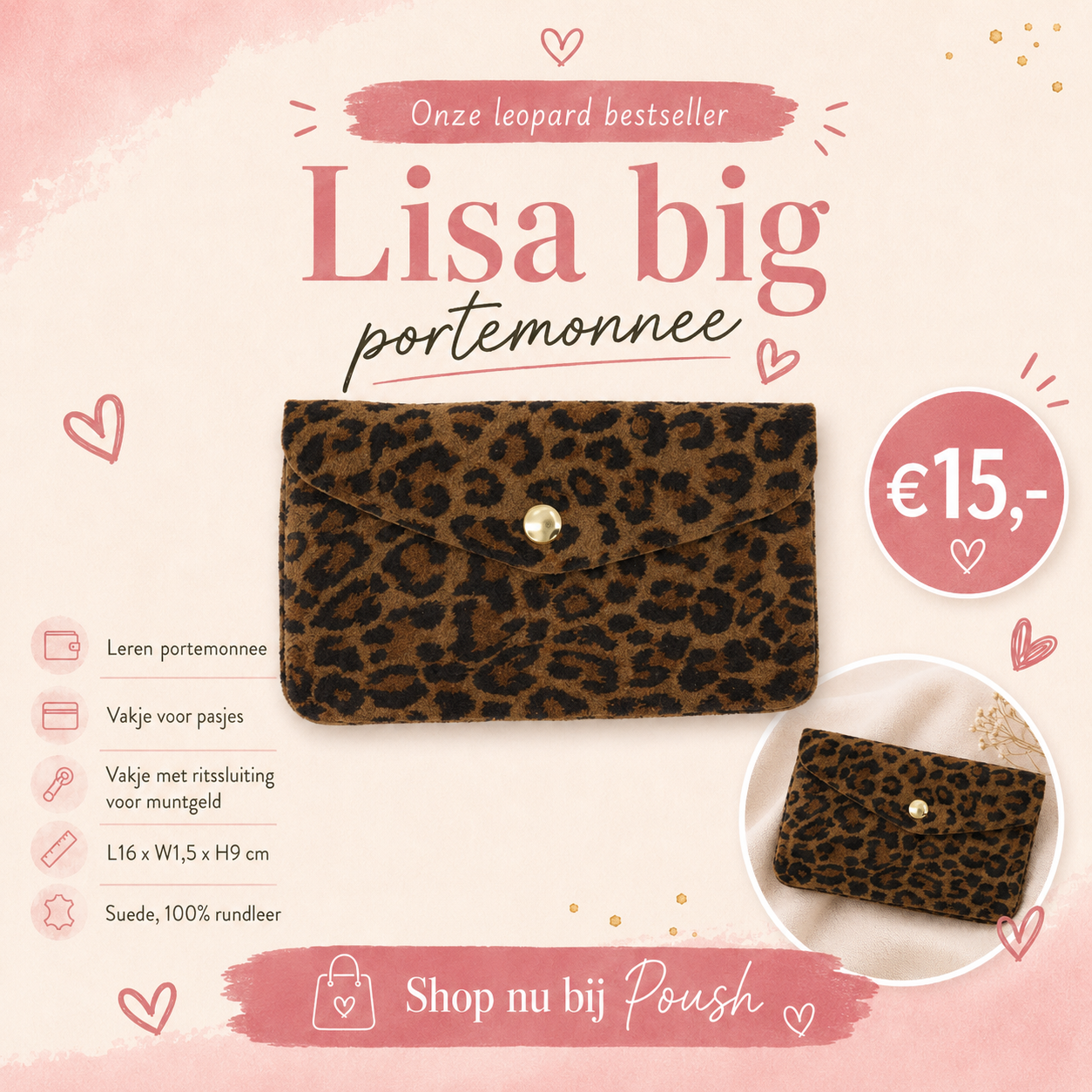 Lisa Big portemonnee van bruin suède rundleer met zwarte leopardprint en goudkleurige druksluiting.
