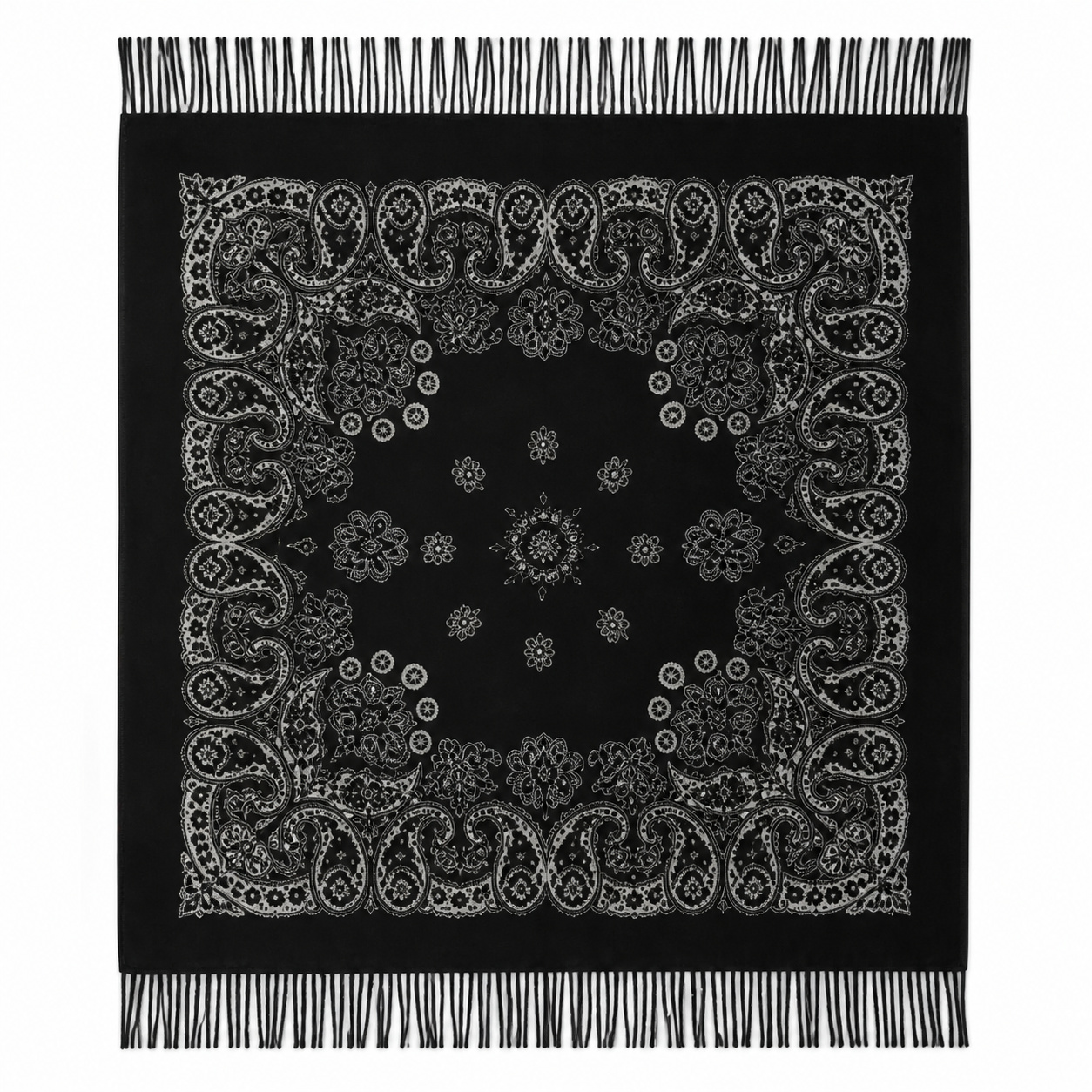 Vierkante paisley sjaal met bloemmotieven en lange franjes, formaat 105 x 105 cm.
