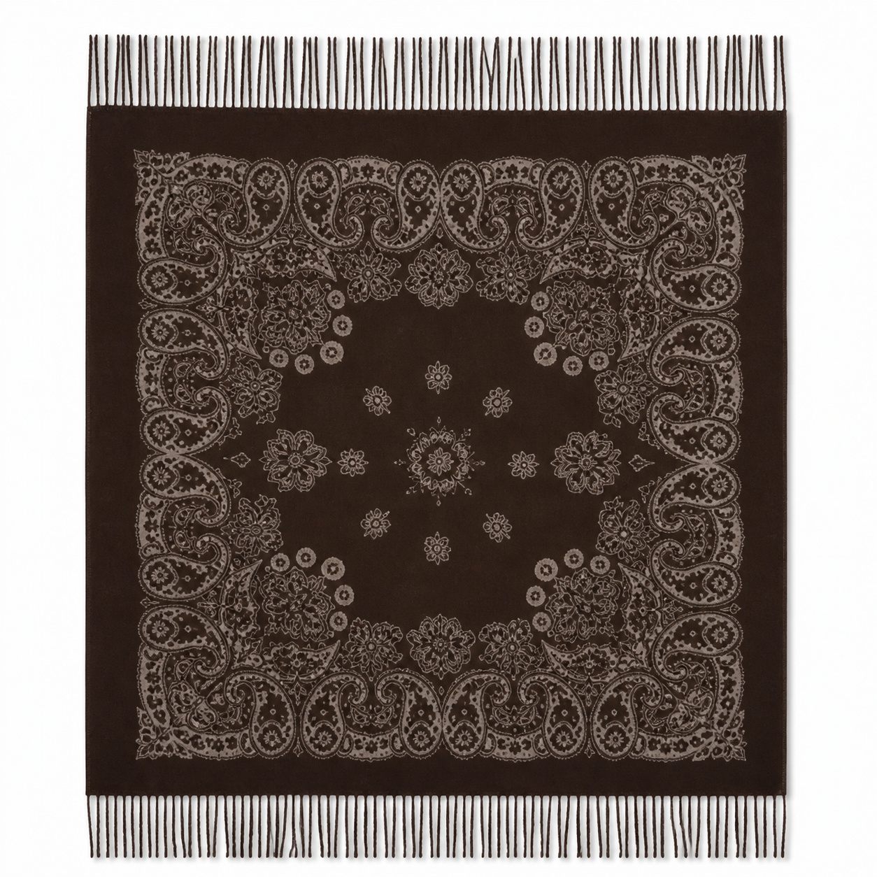 Vierkante paisley sjaal met bloemmotieven en lange franjes, formaat 105 x 105 cm.