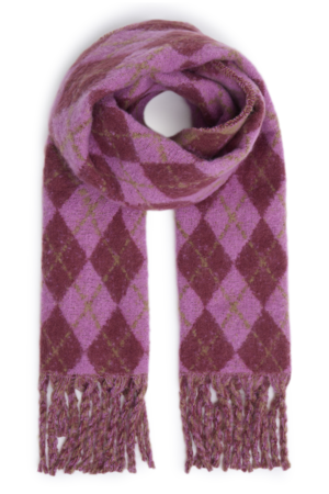 ICHI IADAHLIA Scarf in Rhododendron Red met kleurrijk ruitmotief, pluizige structuur en franjes.