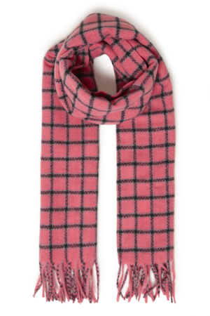 ICHI IAEMILY Scarf in Black met een roze basis, zwart ruitdessin en franjes.