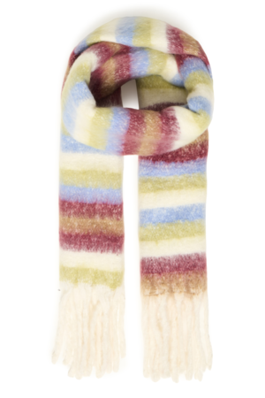ICHI IALEONORA Scarf in Blue Bonnet met kleurrijk streepdessin, pluizige structuur en lange franjes.