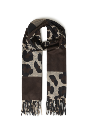 ICHI IAEdeline Scarf in Coffee Bean met patchwork dierenprint in bruin, beige en zwart.