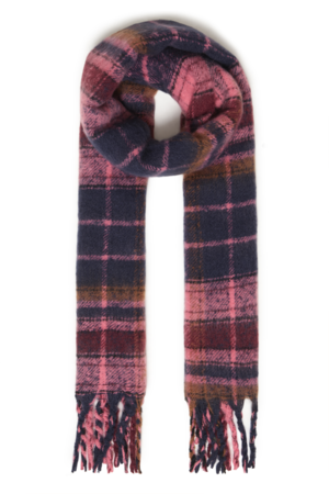 ICHI IADelia Scarf in Zinfandel met een wijnrood, roze, donkerblauw en bruin ruitdessin en franjes.