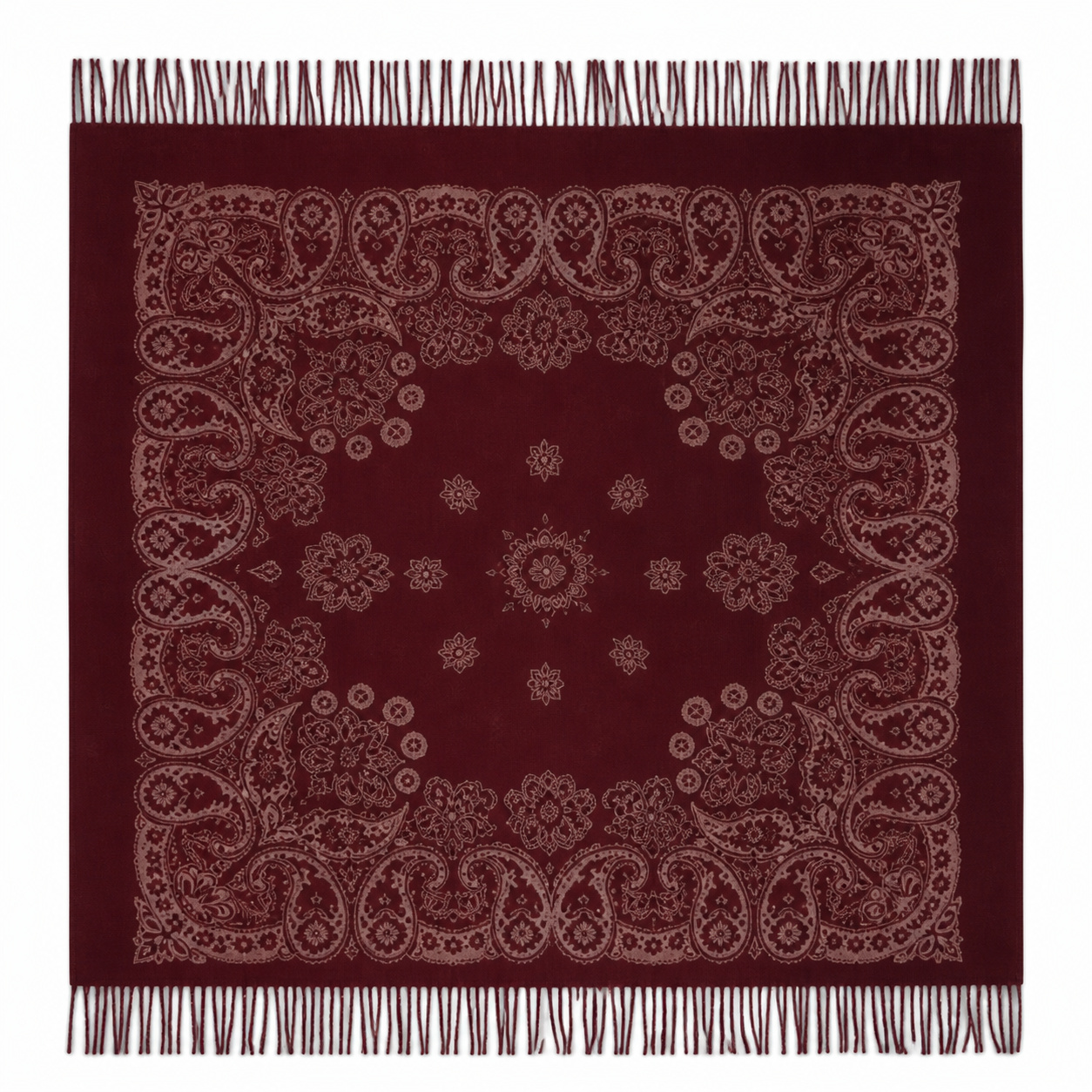 Vierkante paisley sjaal met bloemmotieven en lange franjes, formaat 105 x 105 cm.