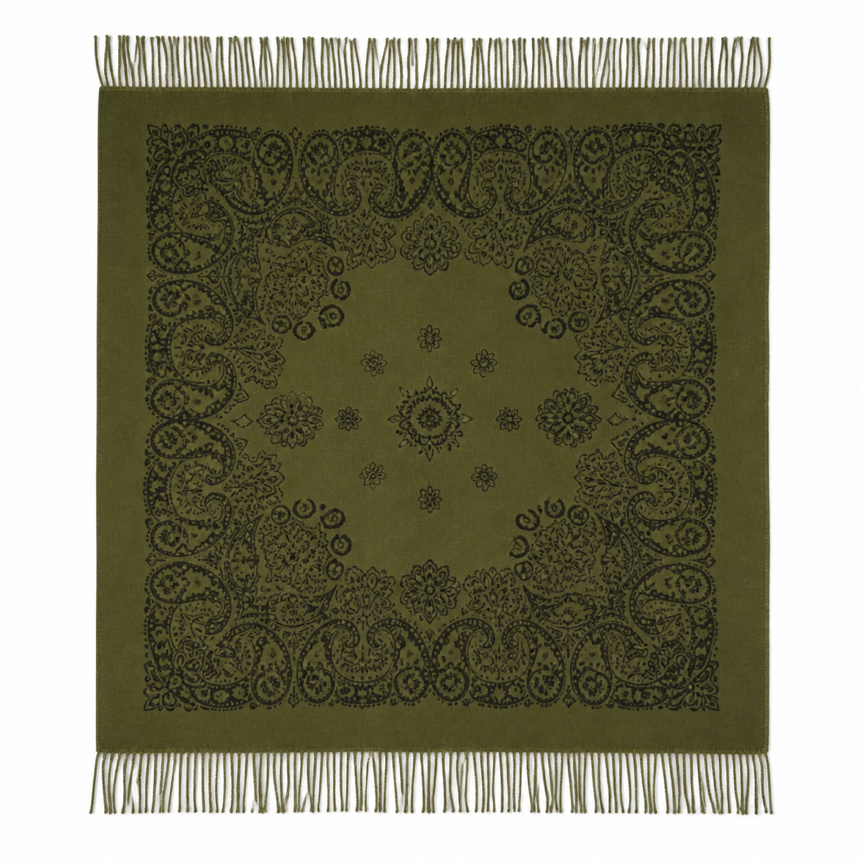 Vierkante paisley sjaal met bloemmotieven en lange franjes, formaat 105 x 105 cm.