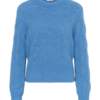 Saint Tropez TabbathaSZ blauwe trui in Lichen Blue Melange met ronde hals, lange mouwen en opengewerkt ruitpatroon