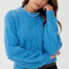 Saint Tropez TabbathaSZ blauwe trui in Lichen Blue Melange met ronde hals, lange mouwen en opengewerkt ruitpatroon