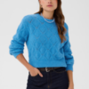 Saint Tropez TabbathaSZ blauwe trui in Lichen Blue Melange met ronde hals, lange mouwen en opengewerkt ruitpatroon