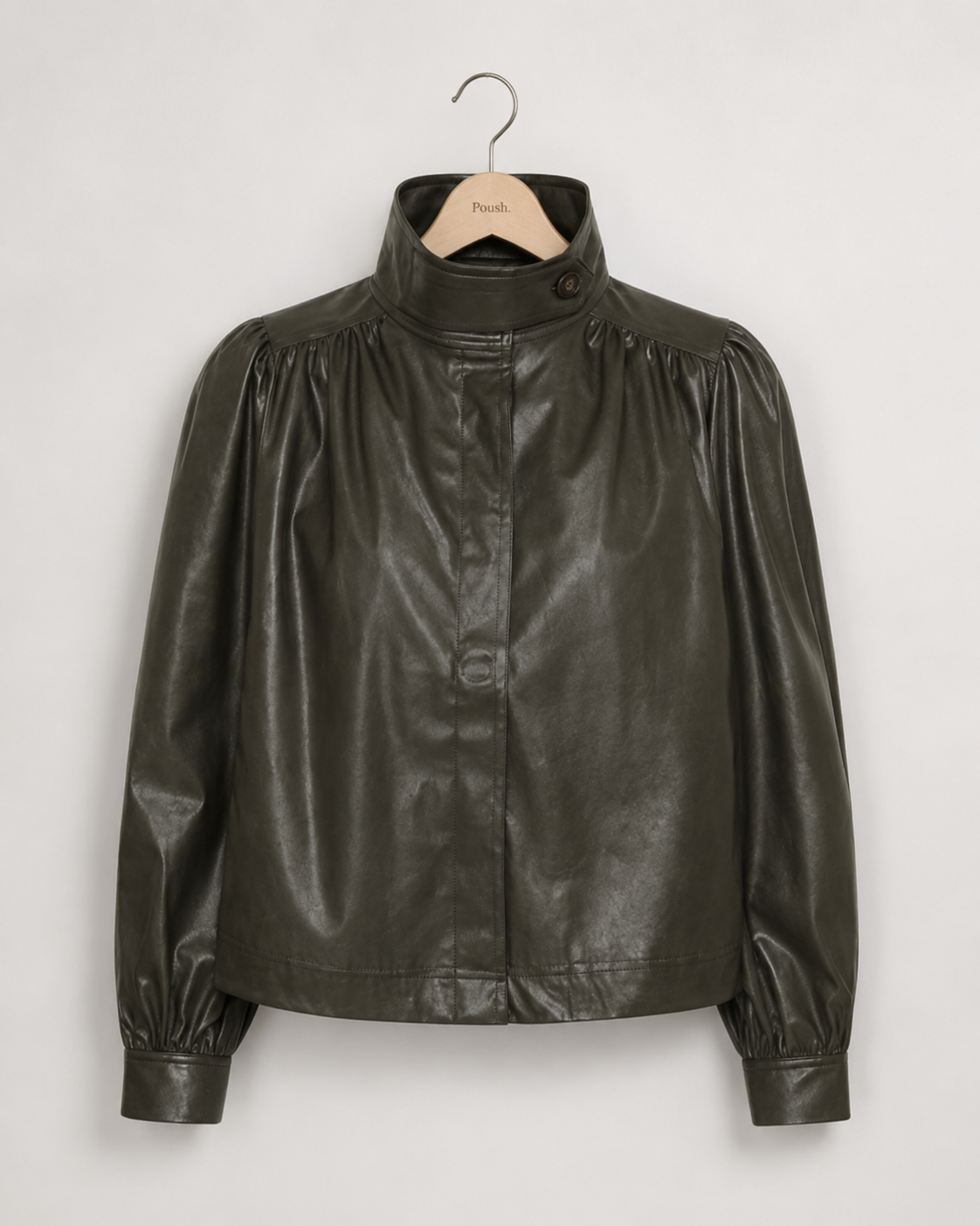 Saint Tropez TomaSZ Jacket in Army Green met faux-leather look, A-lijn, opstaande kraag en lange pofmouwen