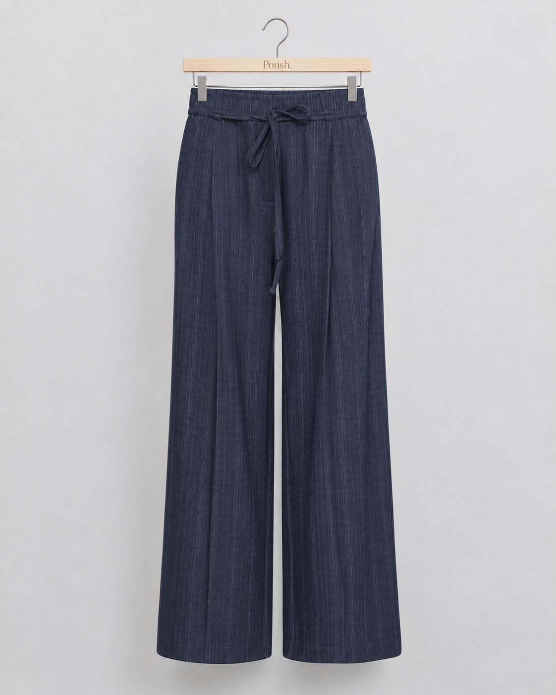 ICHI IHKate Pinelle donkerblauwe wide-leg pantalon met krijtstreep, elastische taille en strikceintuur.