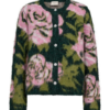 packshot_2_211730_8999_Front_1_FQLIPPI-CARDIGAN Deep Forest Mel w. f. Pink Mel (1) Freequent FQLIPPI-CARDIGAN in gemêleerd donkergroen met roze bloemen, ronde hals en metalen knopen.