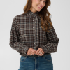 30515583_190912_500 Saint Tropez UllySZ Shirt in Chocolate Brown met ruitpatroon, opstaande rucheskraag en geplooide details langs de knoopsluiting.