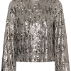 Saint Tropez UltreaSZ damesblouse in Gun Metal met zilvergrijze pailletten, ronde hals en lange mouwen.