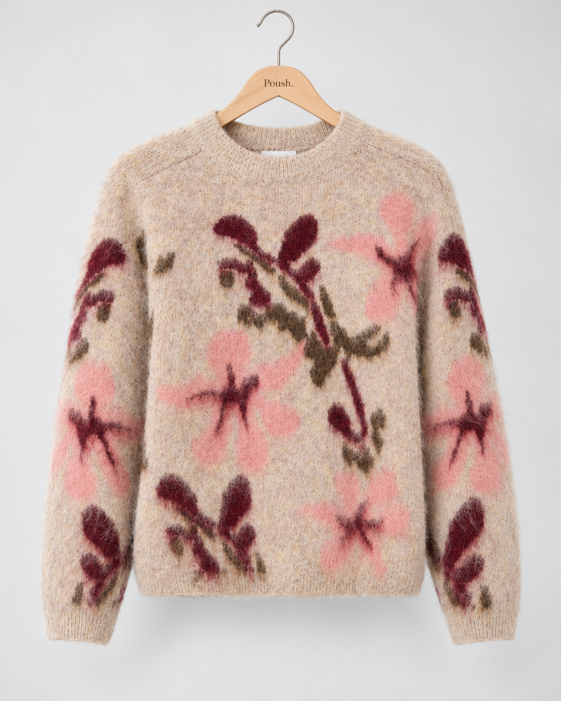 Saint Tropez UliceSZ Pullover met lichte ondergrond en grote bloemen in roze en wijnrood.